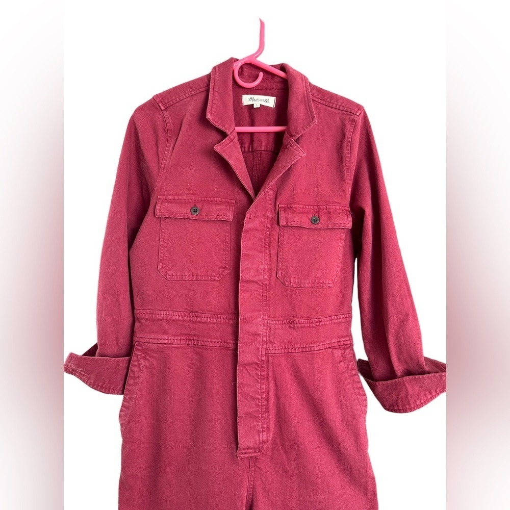 Madewell burgundy dyed denim straight leg overall long sleeve jumpsuit - Picture 4 of 10